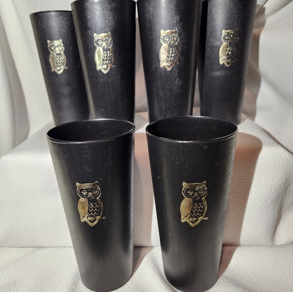 Six MCM Nasco Japan Black 12 Ounce Tumblers With Gold Owl Motif #1072 - Picture 9 of 12